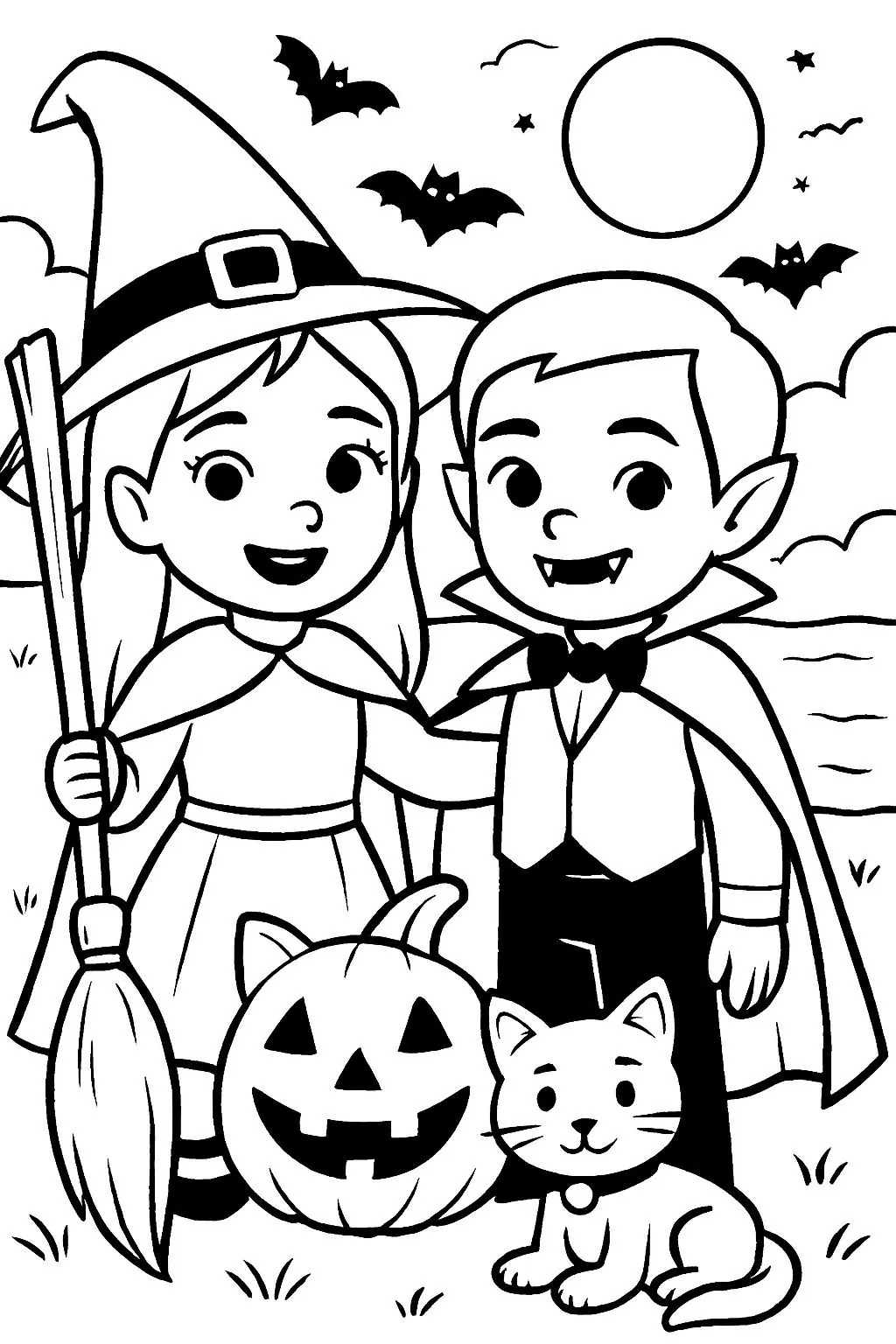 Printable Halloween witch and vampire coloring page for kids